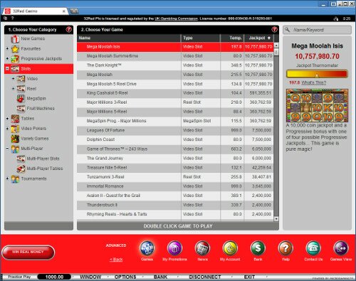 A screenshot of 32Red's Games View.